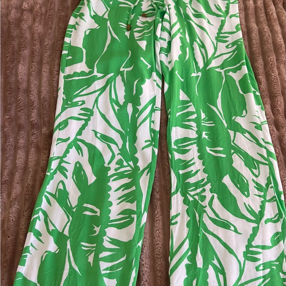 Lilly Pulitzer Green Leaf-Print Wide Palazzo Leg Drawstring Pants Size Medium